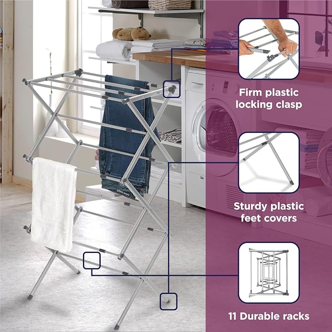 BLACK+DECKER Laundry Organization Expandable/Collapsible Clothes Drying Rack. Essential for Camping/Trailers or Anywhere You Air Dry Laundry. Oversized for Multiple Garments, (Grey)