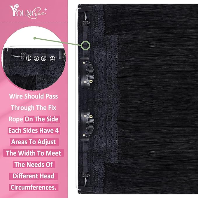YoungSee 130G Wire Hair Extensions Real Human Hair Black Wire Hair Extensions for Women Jet Black Headband Hair Extension Human Hair 22inch