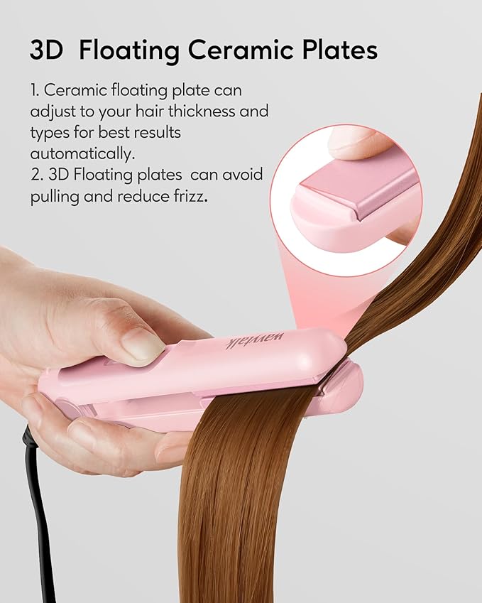 Wavytalk Mini Portable Flat Iron, 0.7 Inch Dual Voltage Hair Straightener - Small Flat Irons for Short Hair, Curls Bangs, Worldwide Use for Travel, Pink