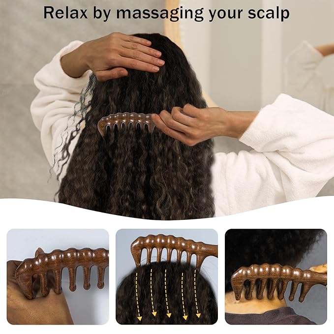Wooden Wide Tooth Massage Comb, Large Thicken Natural Sandalwood Hair Combs for Curls, Women and Men, Detangles Long Thick Wet or Dry Hair, Head Scalp Massager, Anti-static (Golden)