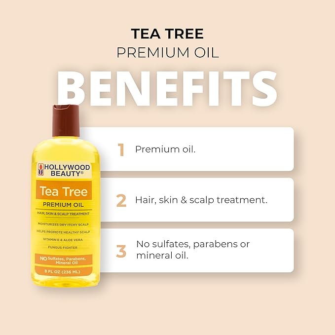 Hollywood Beauty Tea Tree Oil for Hair, Scalp, and Skin, 8 fl oz - Moisturizes Dry, Itchy Scalp, Blended with Vitamin E & Aloe