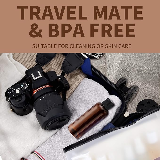 LISAPACK 3.4 oz Travel Bottles for Toiletries, Plastic Travel Size Containers for Shampoo Conditioner TSA Approved, Empty Small Squeeze for Lotion, Leak Proof Mini Liquid Tube for Refillable Brown