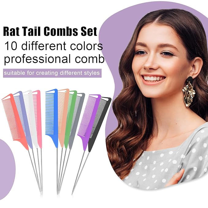 10 PCS Rat Tail Combs Set - Hair Teasing Fine Tooth Comb for Women Girls, Parting Comb for Braiding Hair Styling Tools & Appliances with Stainless Steel Pintail Carbon Fiber Heat Resistant