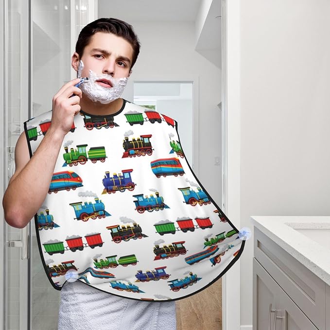 Stretchable Beard Cape, Non-Stick Hair Catcher for Trimming, Waterproof Grooming Apron, Train Pattern Cartoon