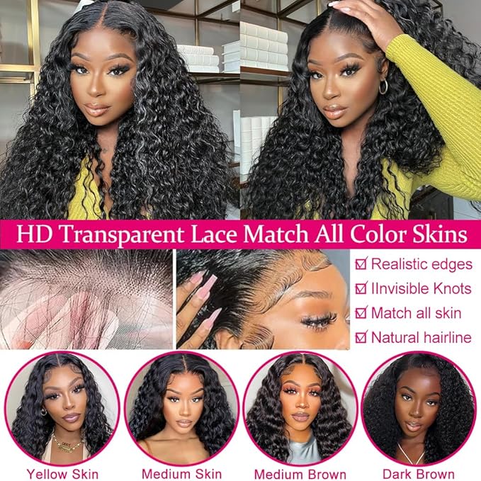 SOSATISFY Deep Wave Lace Front Wigs Human Hair 4x4 HD Transparent Lace Closure Wigs Glueless 180% Density Wigs for Black Women Pre Plucked with Baby Hair (26 inch)