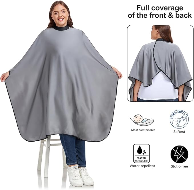 PERFEHAIR Salon Hair Cutting Cape for Adults - Adjustable Soft Silicone Collar Snap Closure, Silky Anti-Static Premium Haircut & Barber Cape - Gray