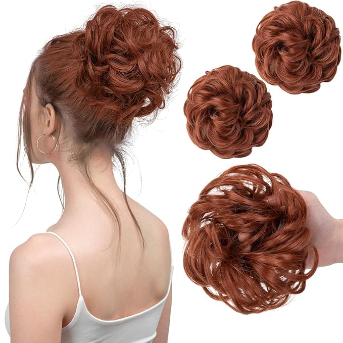 SARLA 2PCS Messy Hair Bun Hair Pieces Wavy Curly Synthetic Updo Fake Scrunchies Ponytail Extension for Women Reddish Brown