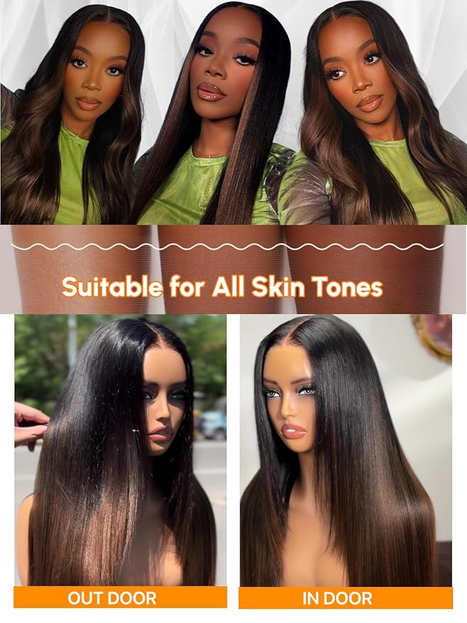 Julia Hair Chestnut Brown Ombre Yaki Straight 7x5 Pre Cut HD Lace Put On and Go Wig Bye Bye Knots Glueless Human Hair Wigs with Invisi Drawstring Pre Plucked Bleached Knots Beginner Friendly 22 Inch