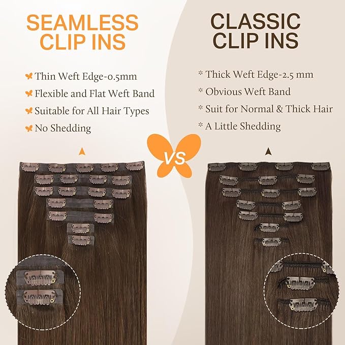 DOORES Human Hair Clip in Extensions, Chocolate Brown130g 7pcs 18 Inch, Virgin Weft With Invisible Edge Real Hair Extensions