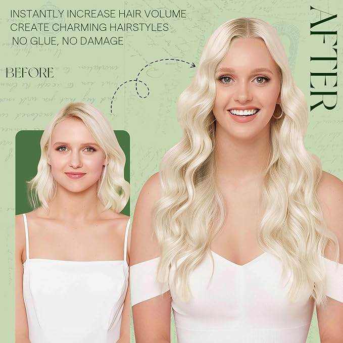 RUNATURE Real Human Hair Clip in Extensions, 14 Inch Thick Clip in Hair Extensions, Blonde Hair Extensions Clip Ins, Double Weft Remy Natural Hair, Add Hair Volume, 120g 7pcs #800 Platinum Blonde
