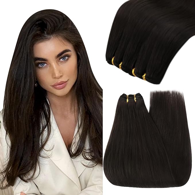 YoungSee Sew in Hair Extensions Real Human Hair Dark Brown Hair Extensions Sew in Darkest Brown Double Weft Human Hair Extensions Remy Hair 20Inch 100G