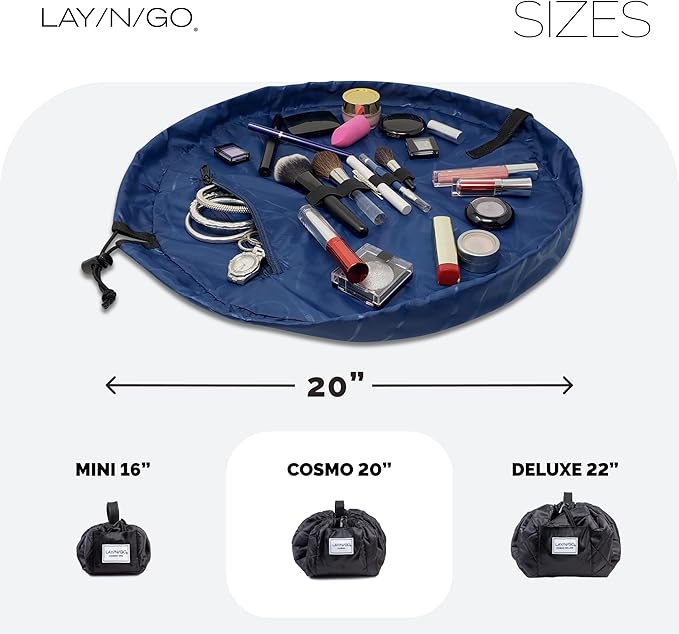 Lay-n-Go Cosmo Layflat Drawstring Cosmetic & Makeup Bag Organizer w/Zipper Pocket, Brush Loops & More, Cinch to Close, Lay Flat to Use, Durable, Machine Wash, Travel Toiletry Bag (20", Navy)
