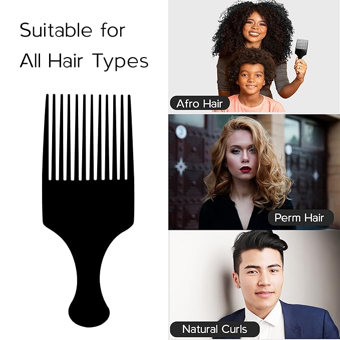 Afro Hair Pick Comb for Women & Men, 7.5 In Smooth Sturdy Wide Tooth for Detangling & Styling - Pack of 2