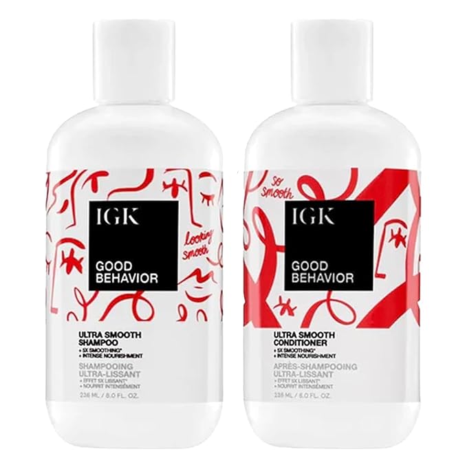 IGK GOOD BEHAVIOR Ultra Smooth Shampoo and Conditioner Set (8 Oz) + Bonus Travel Size Packettes | Volume + Thickening | Vegan + Cruelty-Free |