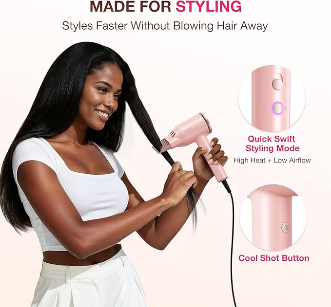 High-Speed Hair Dryer 1875W Ionic & Plasma, Blow Dryer with Diffuser & Comb Nozzle for Curly or Thick Hair, Compact 110000 RPM Fast Drying Lightweight Hair Dryer for Women with Concentrator, Pink