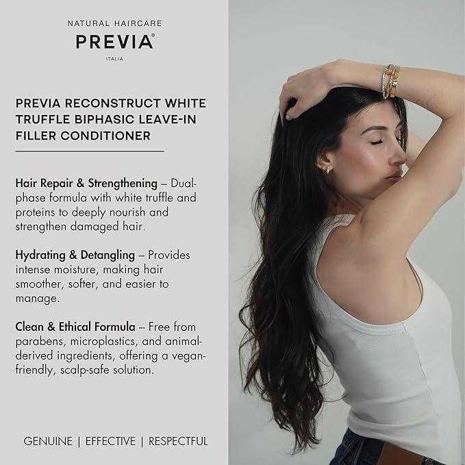 PREVIA Hydrating Biphasic Leave-In Conditioner Spray | Moisturizing & Anti-Frizz Reconstructive Treatment with White Truffle | Detangle & Repair Dry Damaged Hair | Vanilla & Bergamot Scent | 6.7 oz