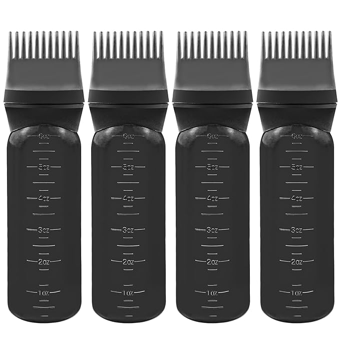 ELANE 4 Pcs Root Comb Applicator Bottle 6oz,Hair Oil Applicator Bottle for Hair,Oil Comb Applicator Hair Bottle Applicator for Hair Dye Shampoos Hair Salons Camping Traveling(Black)