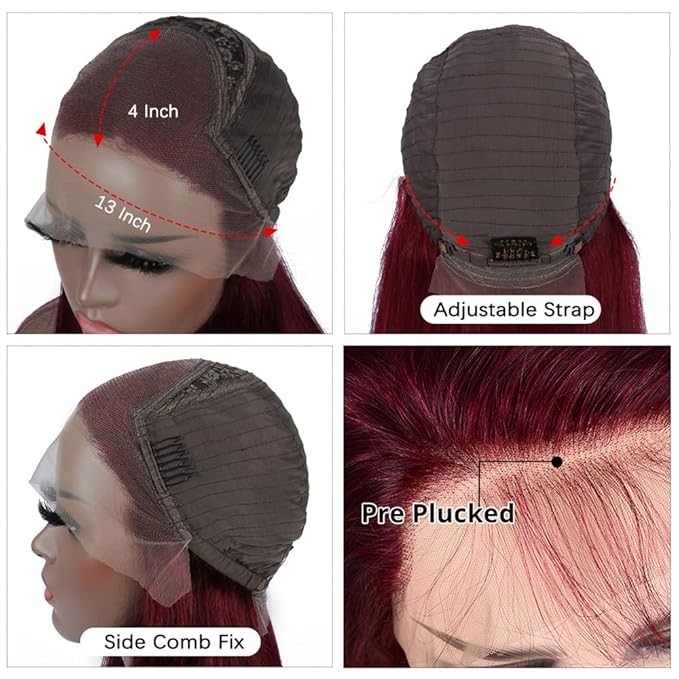 Burgundy 99J Lace Front Wigs Human Hair Pre Plucked Wine Red 13x4 Straight Lace Frontal Wig with Baby Hair for Black Women 150% Density Wig Colored Brazilian Virgin Hair Wig 18 Inch