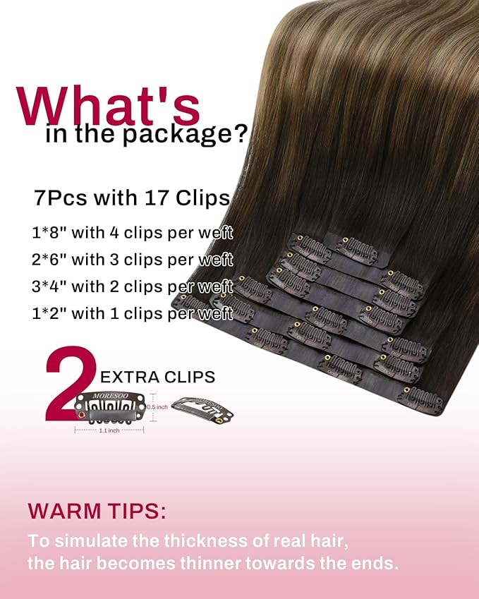 Moresoo Seamless Clip in Hair Extensions Balayage Dark Brown to Ash Blonde with Dark Blonde Seamless Human Hair Clip in Extensions 7pcs/120g 16inch