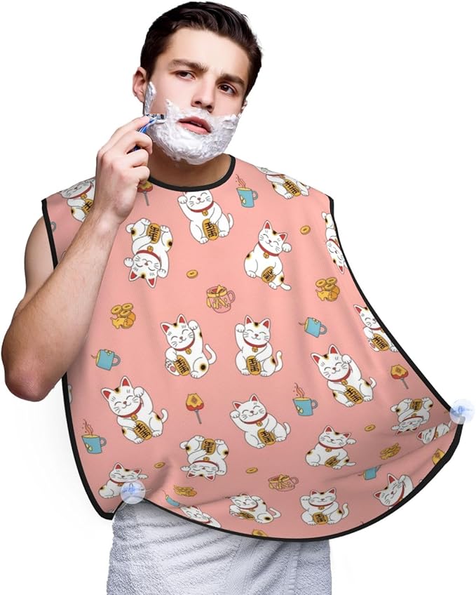 Non-Stick Beard Shaving Bib, Hair Catcher Apron with Suction Cups, Waterproof Grooming Tool for Men Husband, Lucky Cat Pink Shave Bib