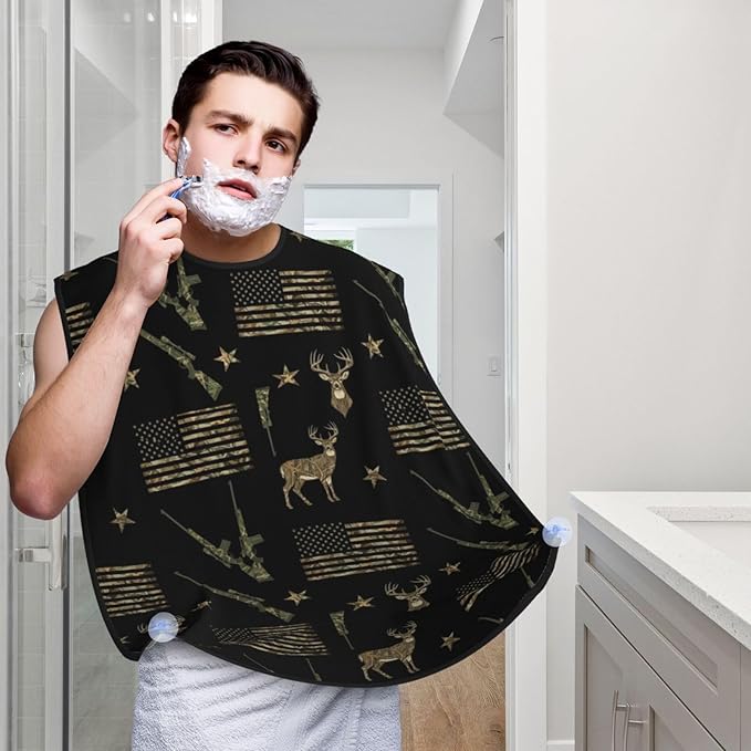 Waterproof Beard Trimming Bib, Non-Stick Hair Catcher for Men Shaving, Grooming Apron for Husband Dad, Hunting Deer Camo Camouflage American Flag Black Shave Bib