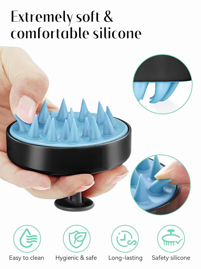 HEETA Scalp Massager Hair Growth, Soft Silicone Scalp Scrubber Shampoo Brush for Exfoliation, Dandruff Removal Head Massage Stress Relax, Wet & Dry Use for Thick Thin Curly Hair Care, Black Blue