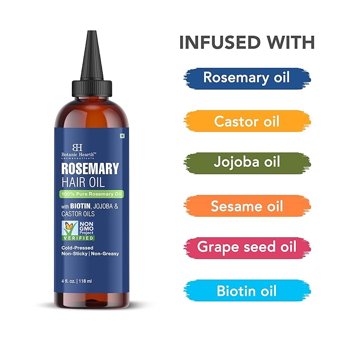 Botanic Hearth Rosemary Oil for Hair Growth | Strengthening Biotin, Jojoba, Castor Hair Growth Oil for frizzy hair | Dry, Damaged Scalp Treatment | Color Safe | All Hair Types | 4 Fl Oz