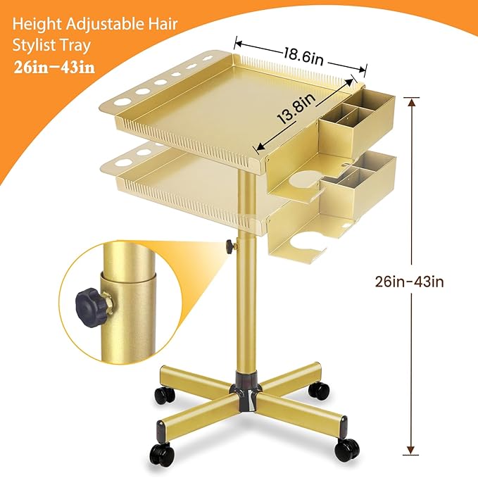 Multi-Function Salon Tray,Extension Hair Cart,Hairstylist Rolling Cart with Storage Platform and Hair Separator Stand,Gold