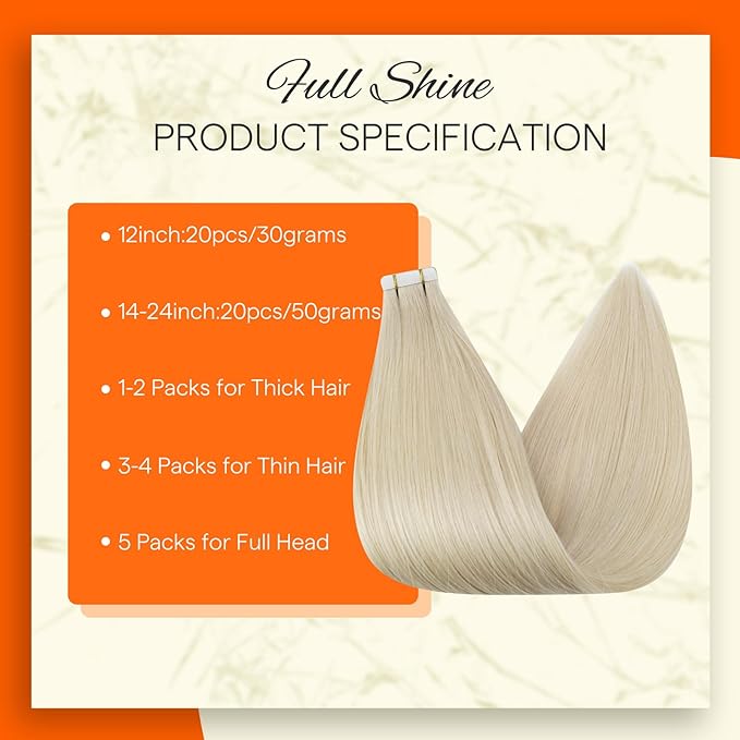 Full Shine Invisible Hair Extensions Tape in Platinum Blonde 60 Blonde Hair Extensions Real Human Hair 14Inch Straight Hair Extensions for Short Hair 20pcs 50Grams Add Volume