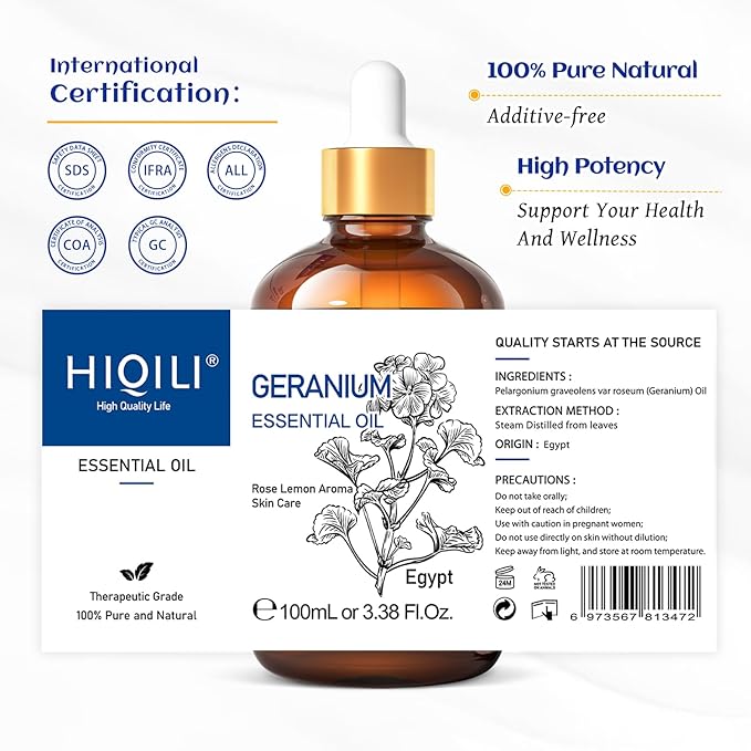 HIQILI 100ML Geranium Essential Oil for Skin, Diffuser & Candle, 100% Pure and Natural - 3.38 Fl Oz