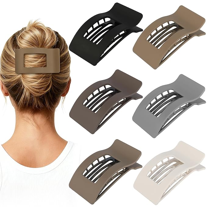 French Flat Hair Clips for Women 6pcs Hair Claw Clips for Thick or Thin Hair Matte Claw Clips for Girls Barrettes Non-Slip Strong Hold Hair Accessories for Women (Brown Grey)