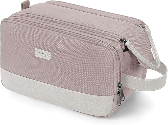WANDF Toiletry Bag for Men Travel Toiletry Organizer Canvas and Leather Dopp Kit Water-Resistant Shaving Bag for Travel Accessories (Light Pink, Large)