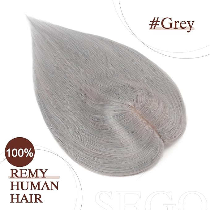 SEGO Hair Topper for Women, No Bangs Real Human Hair Topper with Anti-Slip Clips (16 Inches #Grey)