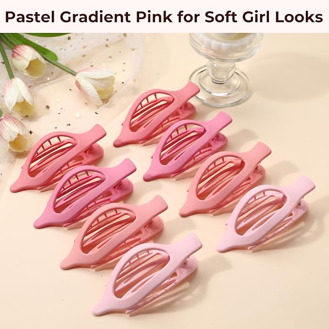 8 Pack Pastel Pink Flat Hair Clips – Cute Matte Gradient Claw Clips for Girls & Women, Strong Hold No-Slip Barrettes for Thick or Thin Hair, Aesthetic Soft Girl Style Accessories