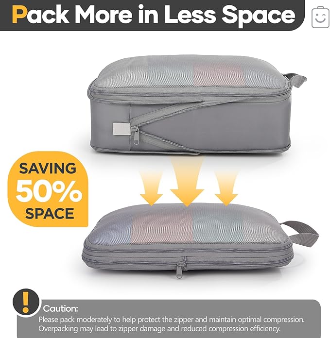 Veken 6/9/11 Set Compression Packing Cubes for Travel Essentials,Compressible Expandable Large Luggage Suitcase Organizer Bags for Clothing,Durable Space Saver Storage Bags(Gray)