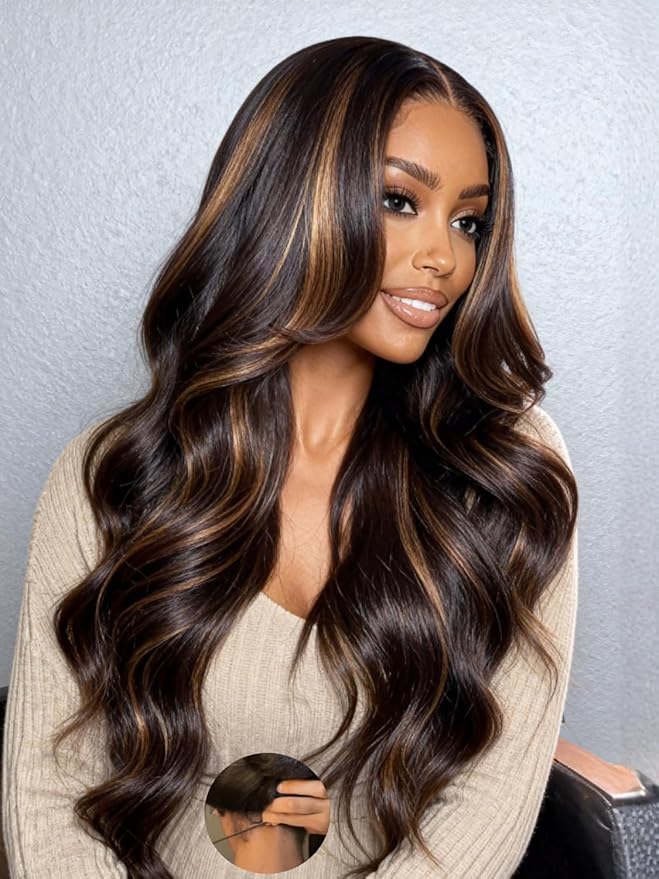 Julia Hair 13x4 Pre Everything Chestnut Brown Highlight Yaki Loose Body Wave Wig With Drawstring Glueless Wigs Human Hair HD Lace Frontal Wig Bleached Knots Ready to Go 26 Inch