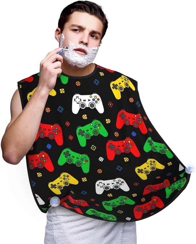 Beard Apron Hair Catcher, Funny Gamers Colorful Video Game Weapon Joystick Shave Bib, Waterproof Non-Stick Shaving Bib, Trimming Grooming Tool for Dad Men Anniversary