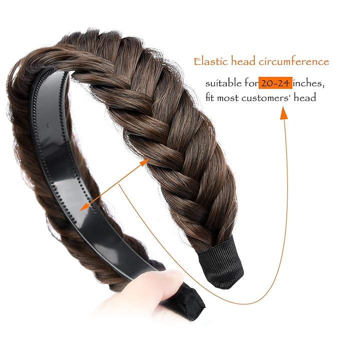 DIGUAN Wide Messy Braided Headband With Teeth Synthetic Hair Plaited Headband High Elasticity Braids Chunky Fishtail Braided Hair Band Hairpiece for Girls Women Beauty Accessory (Copper Brown)