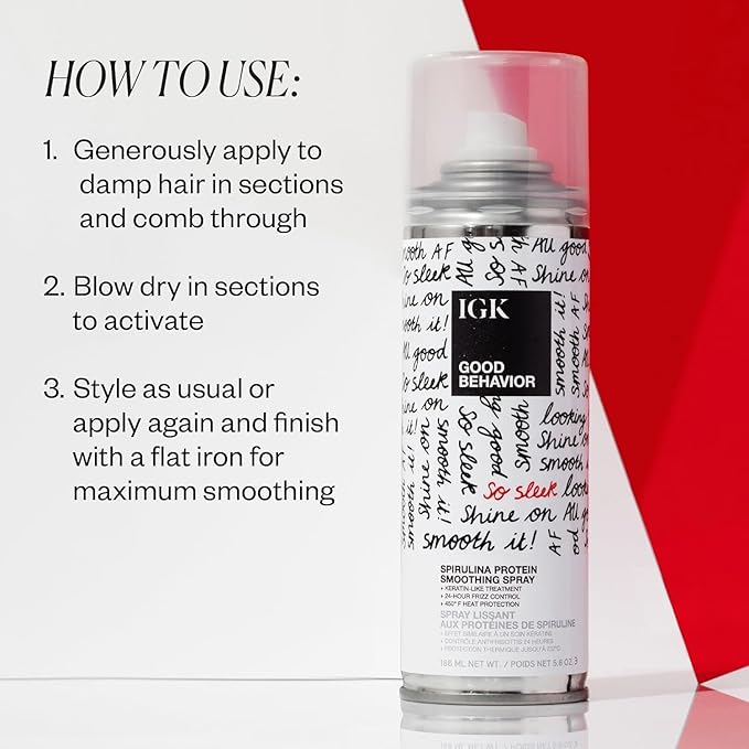IGK Glass Hair Duo | Good Behavior Spirulina Smoothing Spray + Disco Disco Clear Gloss Shine Spray | Keratin Like Treatment + Glossy Finish | 5.6 oz + 5.3 oz