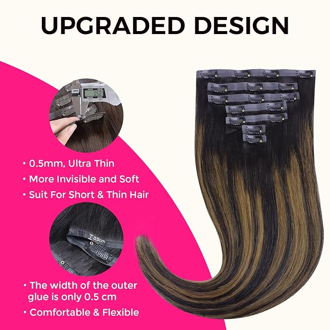 Lashey Straight Seamless Clip in Hair Extensions Human Hair 110g 7pcs 22 Inch Long Natural Black Mixed Chestnut Brown PU Weft Clip in Hair Extensions for Black Women
