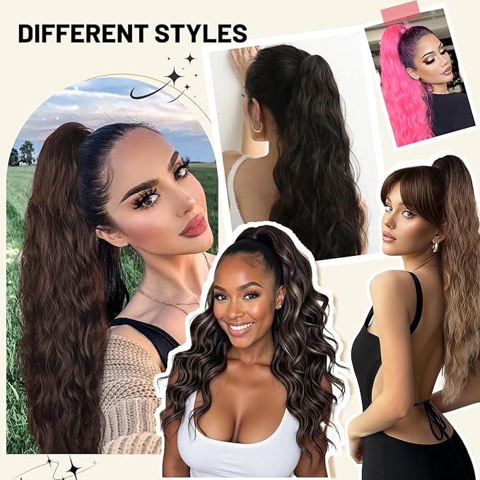 LEEONS 26 inch Drawstring ponytail Extension, Long Wavy pony tails hair extensions for Women - Synthetic Hairpiece Ponytail for Daily Use (Hot Pink)