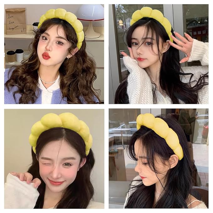 Spa Headbands for Washing Face or Makeup, Sponge Bubble Skincare Headbands, Puffy Terry Cloth Hairband for Women, Skin Care Makeup Headwear Hair Accessories for Girls (Yellow)