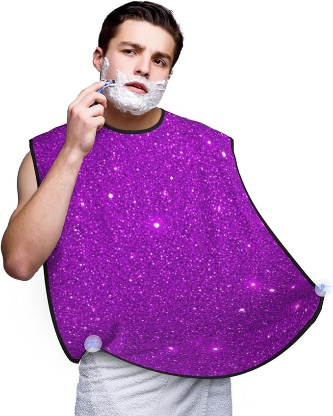 Non-Stick Beard Shaving Bib, Hair Catcher Apron with Suction Cups, Waterproof Grooming Tool for Men Husband, Purple Glitter Sparkle Texture Shave Bib