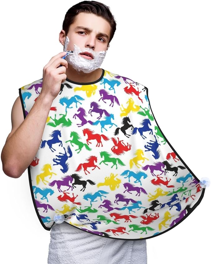Beard Grooming Cape, Waterproof Hair Catcher for Shaving Trimming, Non-Stick Bib Apron Gifts for Dad Men, Colorful Horse Art Shave Bib