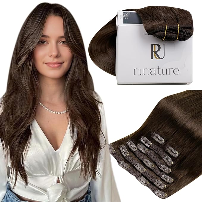 RUNATURE Clip in Hair Extensions Real Human Hair Thick 14 Inch 120g 7pcs Brown Clip in Hair Extensions for Women Straight Remy Hair Extension Clip Ins