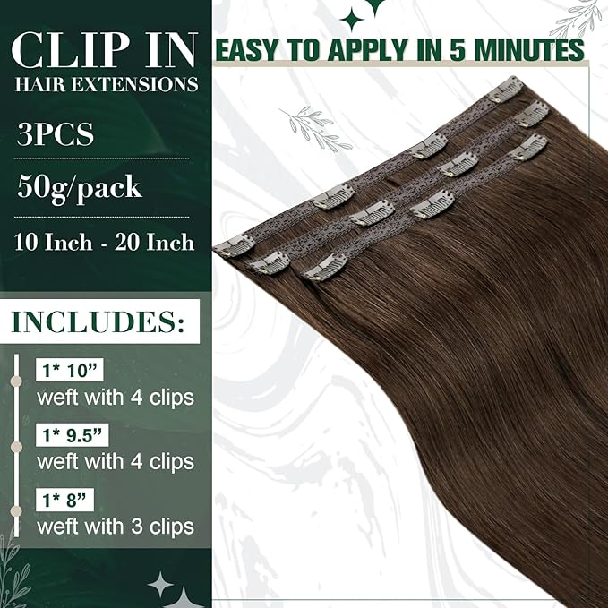 RUNATURE Brown Clip in Hair Extensions, Real Hair Extensions Clip Ins, Short Human Hair Clip in Extensions 10 Inch, Remy Straight Hair Clip Ins, 50g 3pcs #4 Chocolate Brown