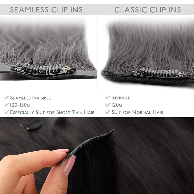 WENNALIFE Seamless Clip In Hair Extensions, 18 Inch 130g 7pcs Natural Black Hair Extensions Clip in Human Hair Invisible PU Skin Weft Natural Remy Human Hair Extensions