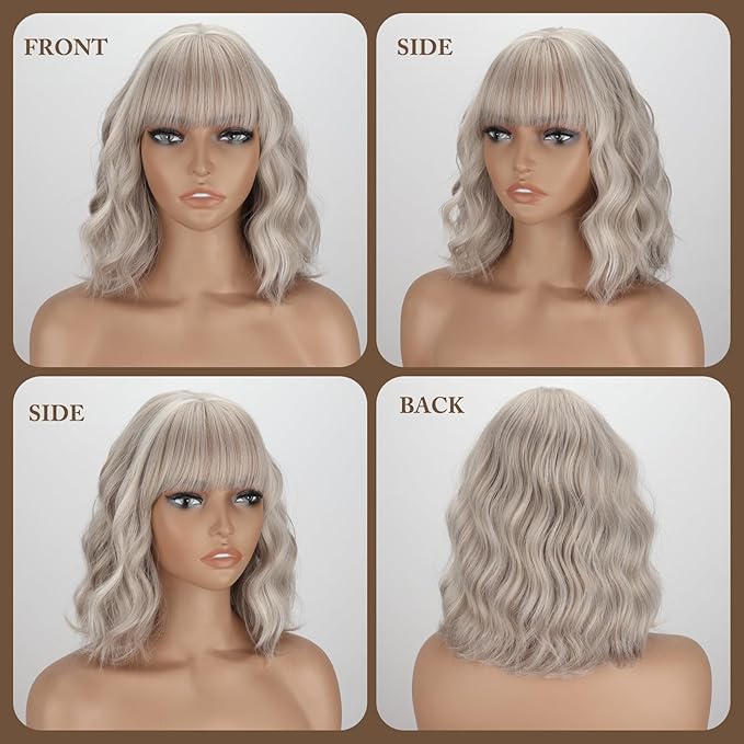 MISSQUEEN Ash Blonde Wavy Wig with Bangs Short Grey Blonde Wavy Bob Wig for Women Colorful Synthetic Heat Resistant Fiber Wigs for Daily Cosplay Costume Party Christmas Holiday Used (12inch)