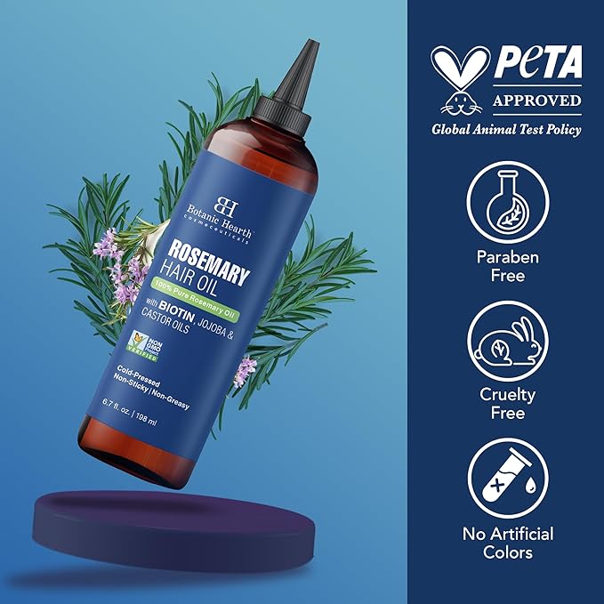 Botanic Hearth 100% Pure Rosemary Oil for Hair Growth (6.7 fl oz)| Infused with Biotin, Jojoba & Castor Oil | Hair Oil Repairs Dry Damaged Hair, Strengthening, Healthier Hair- Hair Tonic