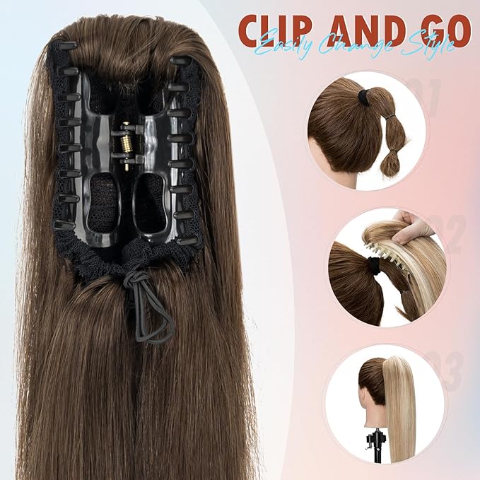 Hairro Ponytail Hair Extensions Claw Clip In Ponytails Jaw On Ponytail Extensions 100% Real Human Hair Long Straight Jaw/Claw Clips Pony Tail Hairpieces For Women 16 Inch 105g #02 Dark Brown